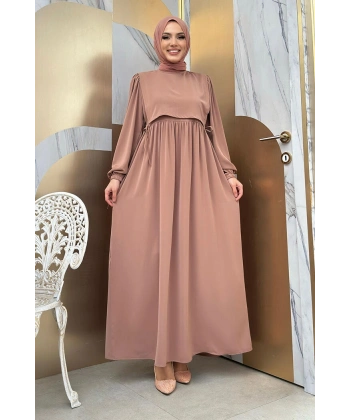 Çift Katlı Bağlama Detay Elbise 6003 Vizon