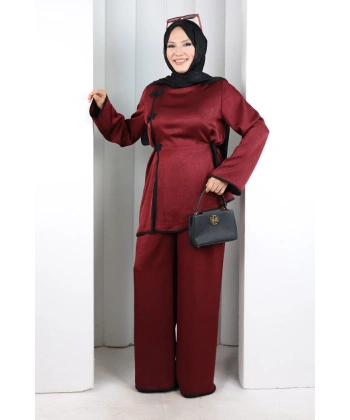 Çin Düğme Detaylı Pantolon Tunik İkili Takım 8714 Bordo
