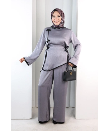 Çin Düğme Detaylı Pantolon Tunik İkili Takım 8714 Gri