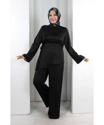 Çin Düğme Detaylı Pantolon Tunik İkili Takım 8714 Siyah