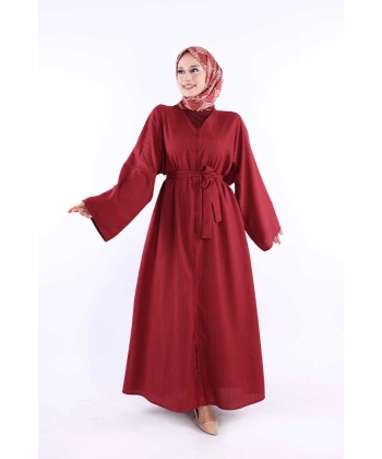 Çıt Çıt Düğmeli Bel Kuşaklı Abaya 70017 Bordo