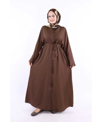 Çıt Çıt Düğmeli Bel Kuşaklı Abaya 70017 Kahverengi