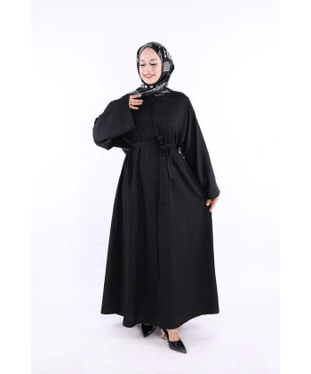 Çıt Çıt Düğmeli Bel Kuşaklı Abaya 70017 Siyah