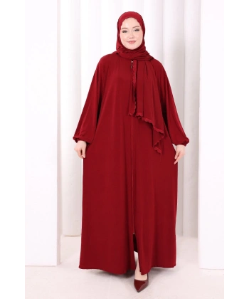 Dantel Detay Şallı Namaz Feracesi 6010 Bordo
