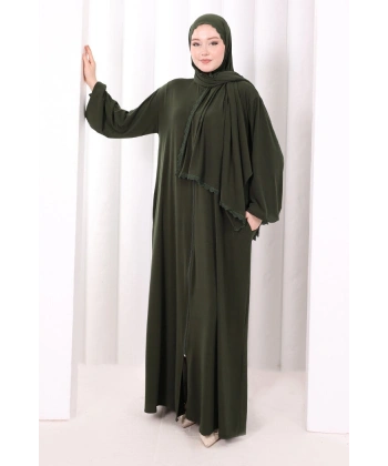 Dantel Detay Şallı Namaz Feracesi 6010 Haki