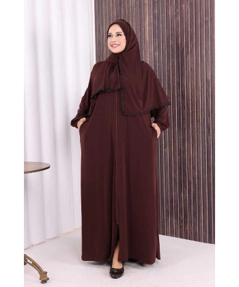 Dantel Detay Şallı Namaz Feracesi 6010 Kahverengi
