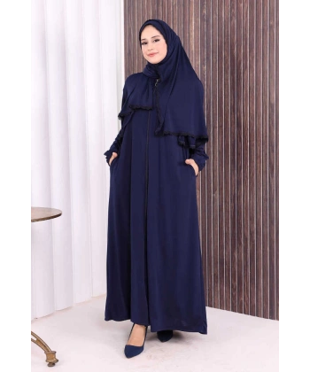 Dantel Detay Şallı Namaz Feracesi 6010 Lacivert