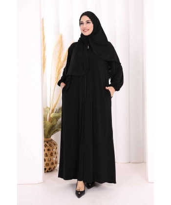 Dantel Detay Şallı Namaz Feracesi 6010 Siyah