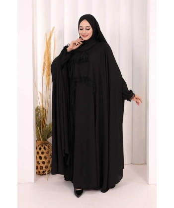 Dantel Detaylı Elbise Abaya Takım ŞAL HEDİYELİ! 6070 Siyah