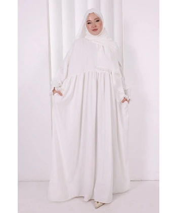 Dantel Detaylı Namaz Elbise 6095 Ekru