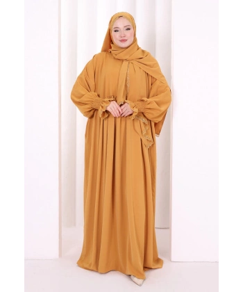 Dantel Detaylı Namaz Elbise 6095 Hardal