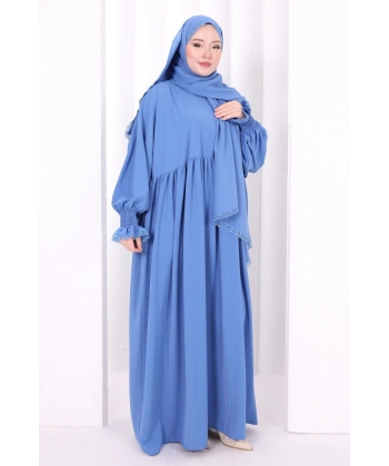 Dantel Detaylı Namaz Elbise 6095 İndigo