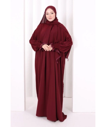 Dantel Detaylı Namaz Elbise 6095 Mürdüm