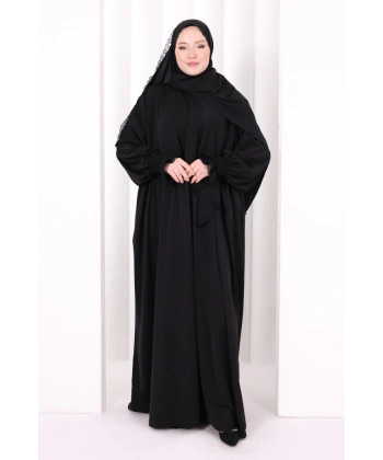 Dantel Detaylı Namaz Elbise 6095 Siyah