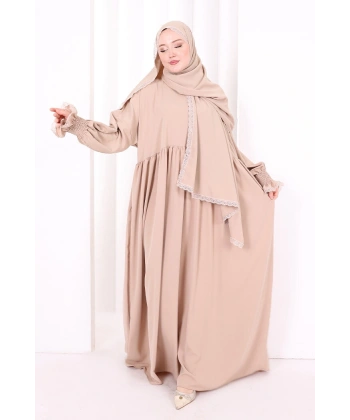 Dantel Detaylı Namaz Elbise 6095 Vizon