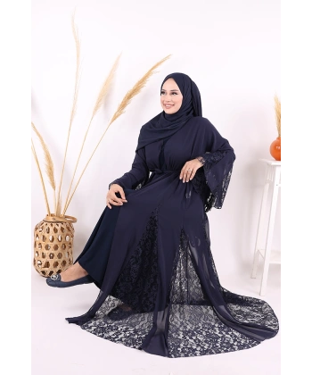 Dantel İşleme Detay Kuşaklı Şifon Abaya 7886 Lacivert