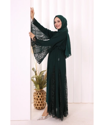 Dantel İşleme Detay Kuşaklı Şifon Abaya 7886 Zümrüt