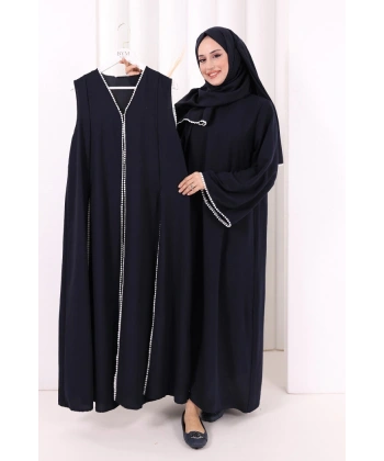 Dantel Şeritli Abaya Elbise Şal Üçlü Takım 6074 Lacivert