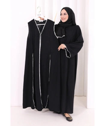 Dantel Şeritli Abaya Elbise Şal Üçlü Takım 6074 Siyah
