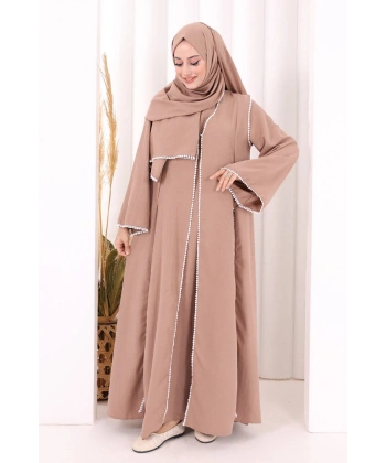 Dantel Şeritli Abaya Elbise Şal Üçlü Takım 6074 Somon