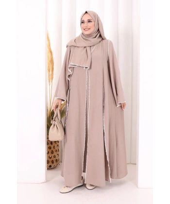 Dantel Şeritli Abaya Elbise Şal Üçlü Takım 6074 Vizon