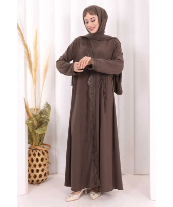 Danteli Şallı Abaya Şal Hediyelidir! 7069 Kahverengi