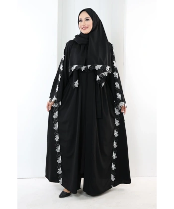 Dantelli Şallı Abaya 7095 Siyah