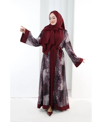 Desenli Abaya Elbise Üçlü Takım 7087 Bordo