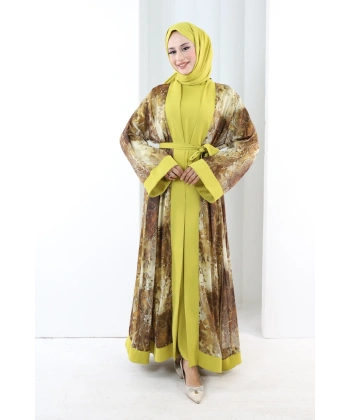 Desenli Abaya Elbise Üçlü Takım 7087 Hardal