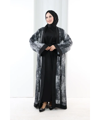 Desenli Abaya Elbise Üçlü Takım 7087 Siyah