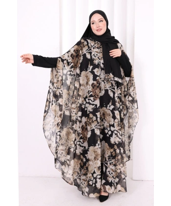 Desenli Şallı Elbise 6076 Siyah - Taş