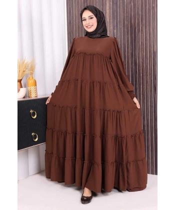 Dubai Katlı Salaş Elbise 6023 Kahverengi