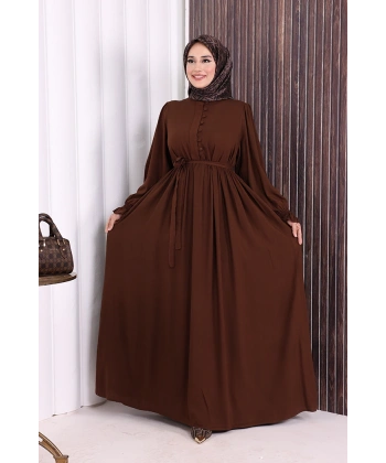 Düğme Detay Elbise 6055 Kahverengi