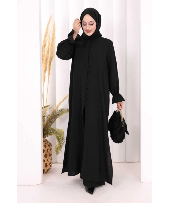 Düğme Detay Tunik Pantolon Takım ŞAL HEDİYELİ! 8023 Siyah