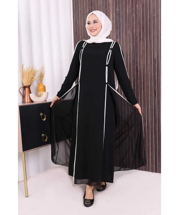 Düğme Detaylı Elbise 3919 Siyah-Ekru