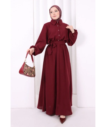 Düğme Detaylı Elbise 6097 Bordo
