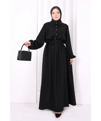 Düğme Detaylı Elbise 6097 Siyah
