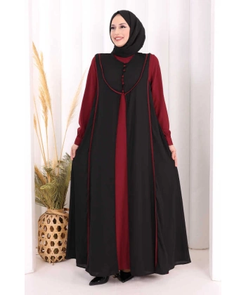 Düğme Detaylı Yelekli Elbise Takım 7060 Bordo