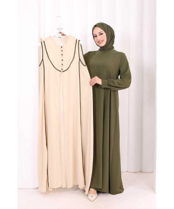 Düğme Detaylı Yelekli Elbise Takım 7060 Haki