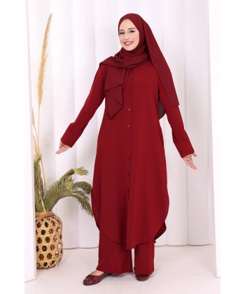 Düğmeli Cepli Tunik ve Pantolon İkili Takım 8682 Bordo