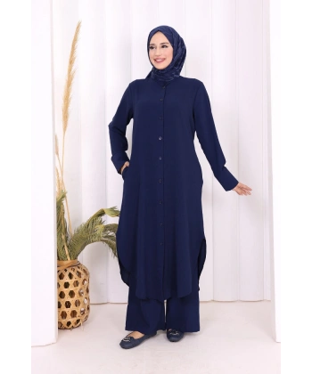 Düğmeli Cepli Tunik ve Pantolon İkili Takım 8682 Lacivert