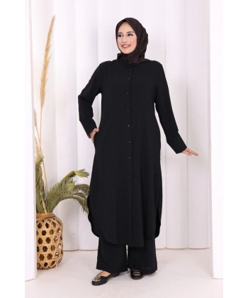 Düğmeli Cepli Tunik ve Pantolon İkili Takım 8682 Siyah