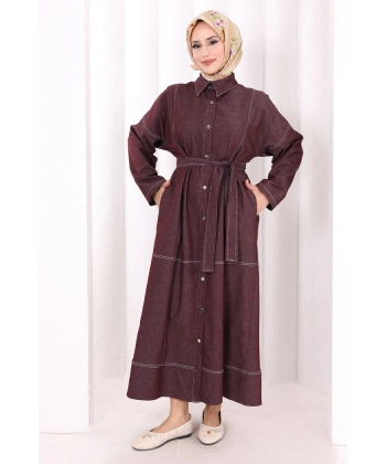 Düğmeli Denim Elbise 7070 Bordo