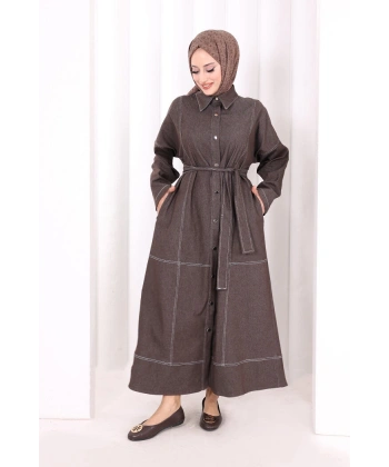 Düğmeli Denim Elbise 7070 Kahverengi