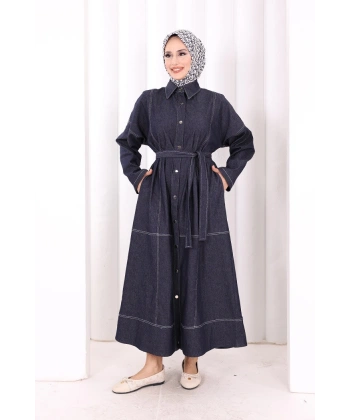 Düğmeli Denim Elbise 7070 Lacivert