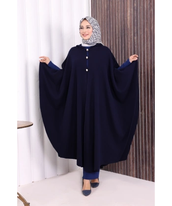 Düğmeli Kapşonlu Triko Panço 18342 Lacivert