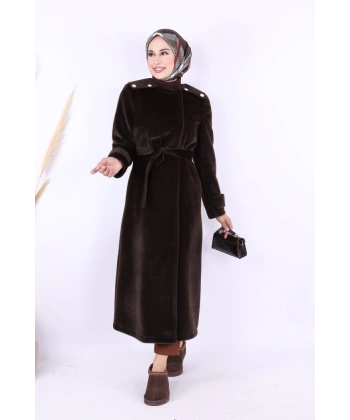 Düğmeli Uzun Kaban 70033 Koyu Kahve