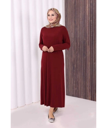 Düz Bisklet Yaka Uzun Kol İç Sandy Elbise 3202 Bordo