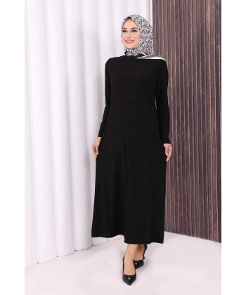 Düz Bisklet Yaka Uzun Kol İç Sandy Elbise 3202 Siyah