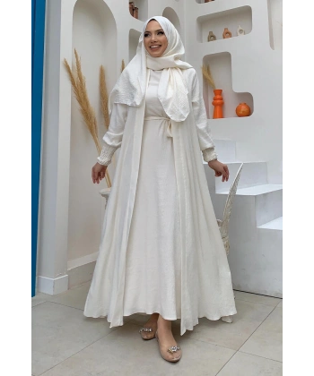 Elbiseli Abaya Takım ŞAL HEDİYE  3883 Ekru